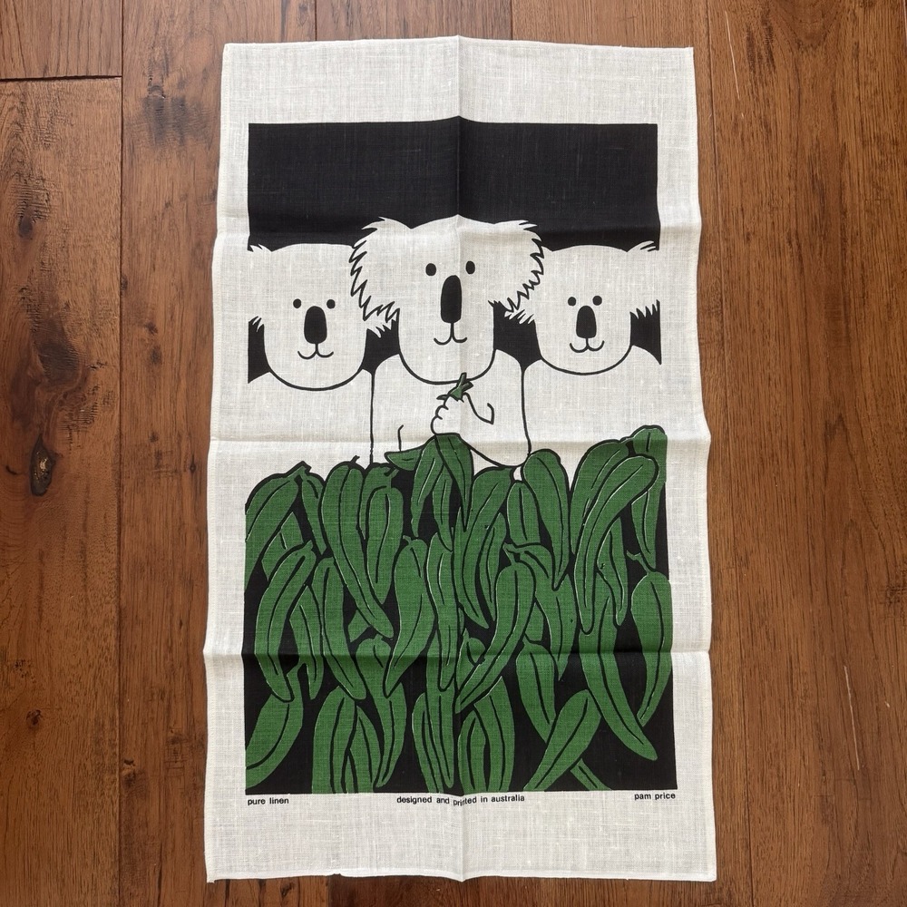 VINTAGE Pam Price KOALA Pure Linen Tea Towel Kitchen Towel Australia NWOT 18x32